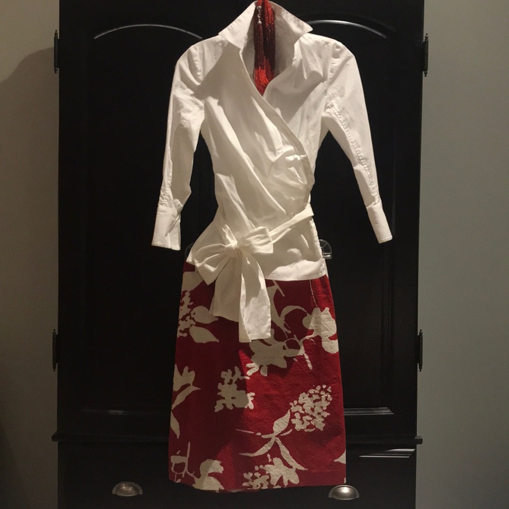 Red and white skirt and shirt outfit